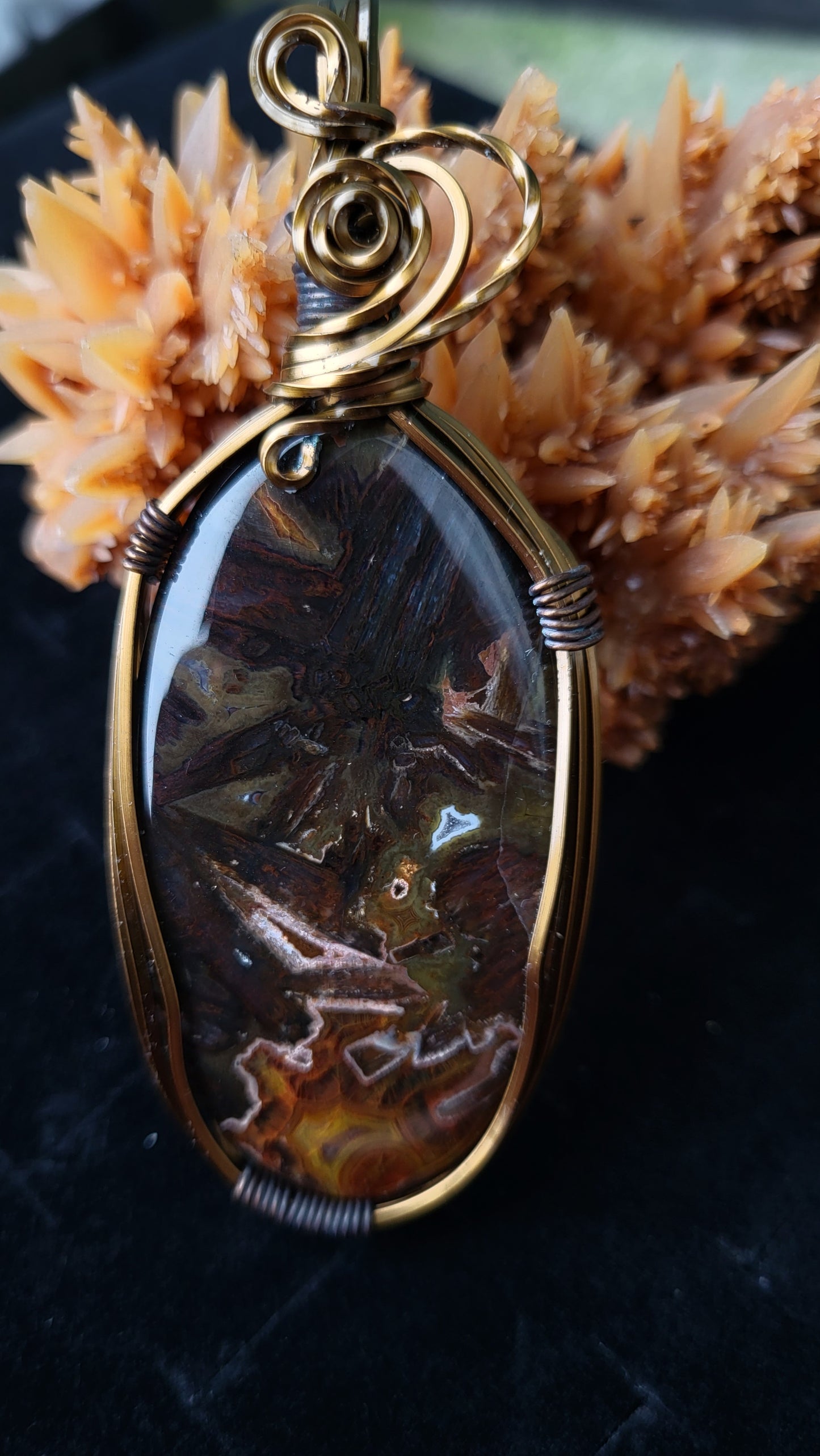 Square Bronze Wire Wrap Turkish Stick Agate Pendant