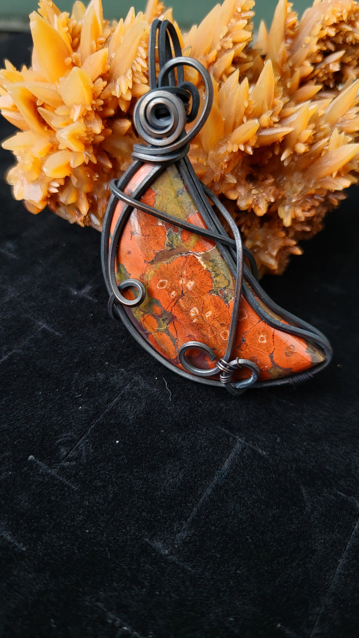 Oxidized Square Copper Wire Wrap Pendant Featuring Poppy Jasper Crescent Moon