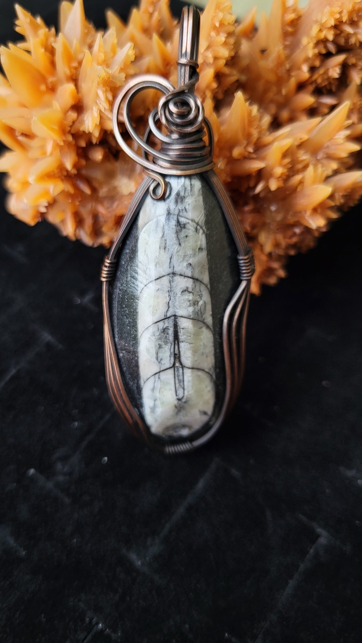 Handcrafted Oxidized Square Copper Pendant Featuring Orthoceras Fossil