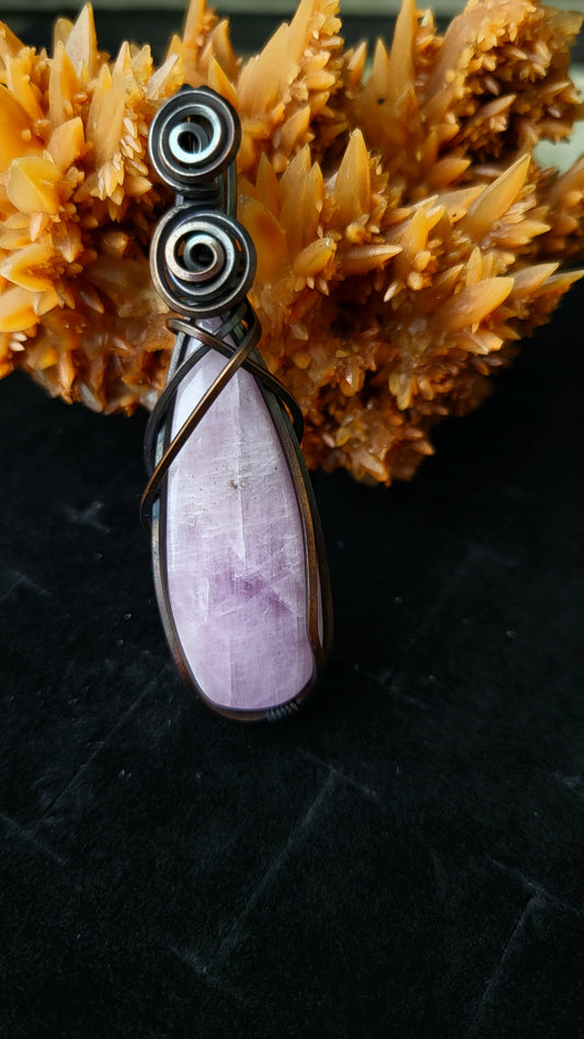 Oxidized Square Copper Wire Wrap Pendant Featuring Kunzite