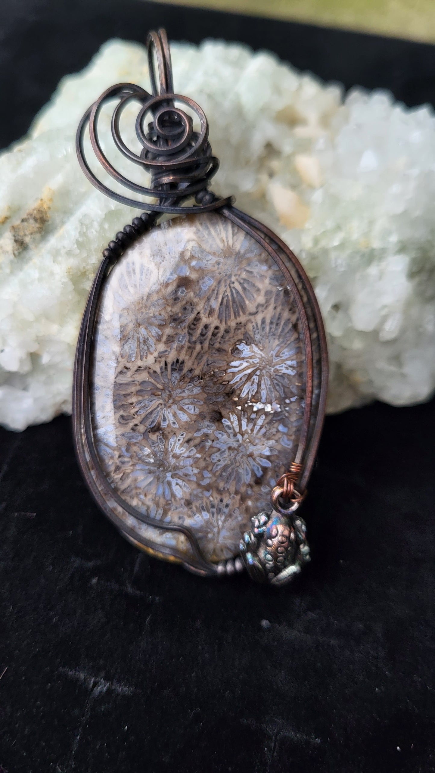 Chrysanthemum Coral Fossil Frog Charm Pendant