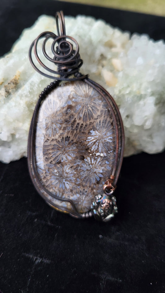 Chrysanthemum Coral Fossil Frog Charm Pendant