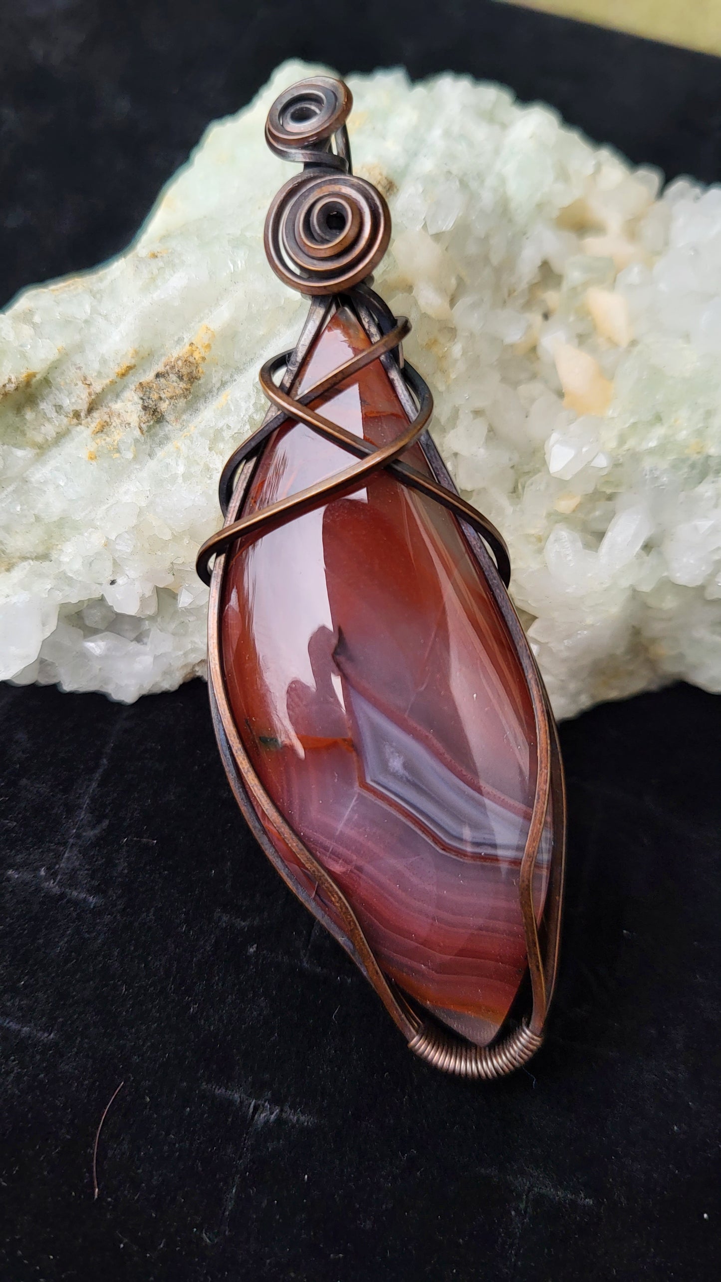 Red Banded Agate Oxidized Square Copper Wire Wrap Pendant