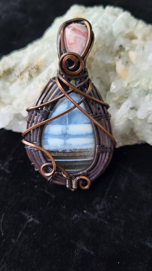 Blue Owyhee Opal & Rhodochrosite Pendant