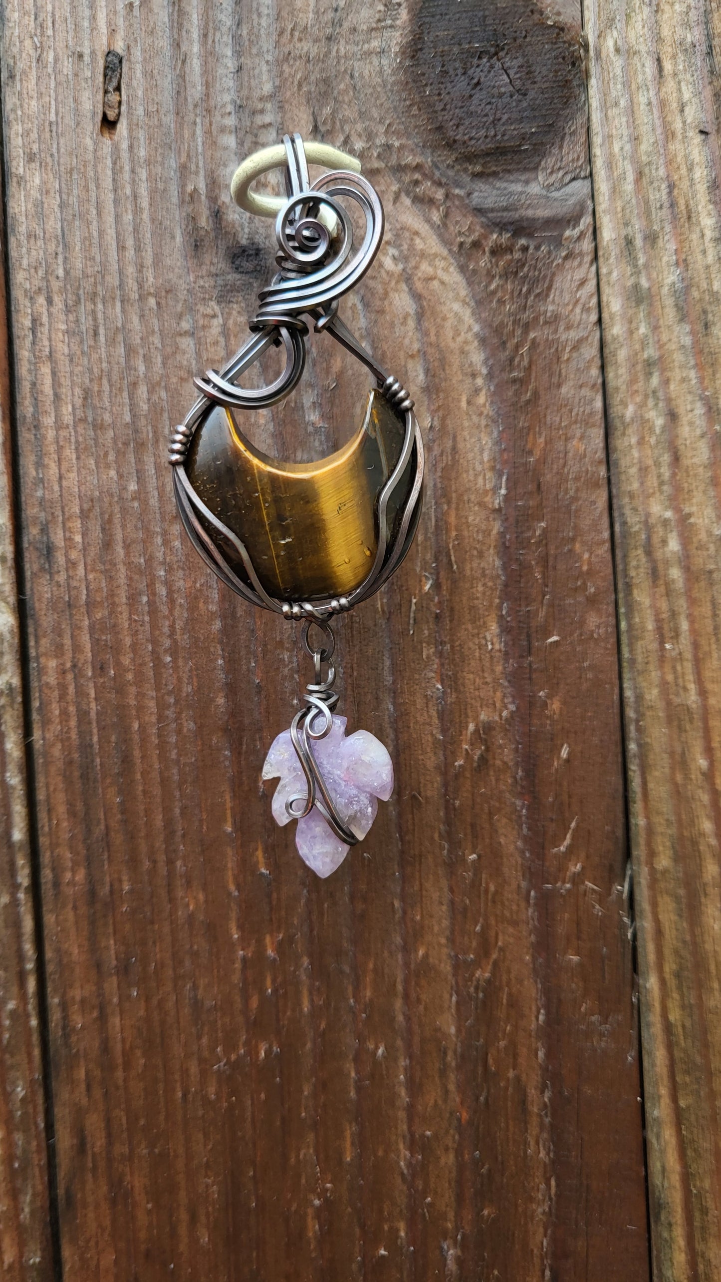 Tiger's Eye Crescent Moon w/ Amethyst Leaf Pendant