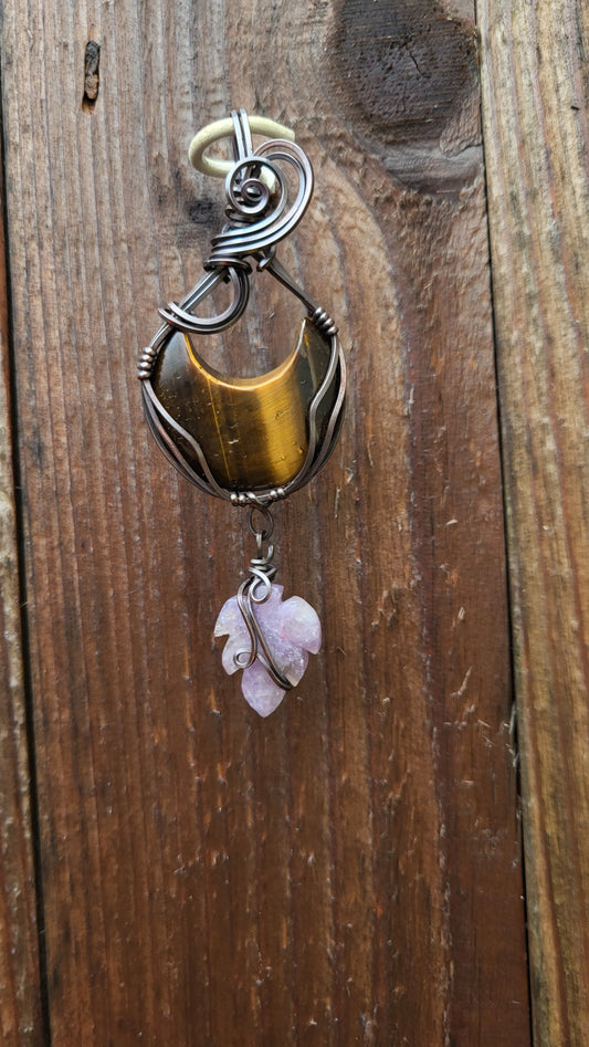 Tiger's Eye Crescent Moon w/ Amethyst Leaf Pendant