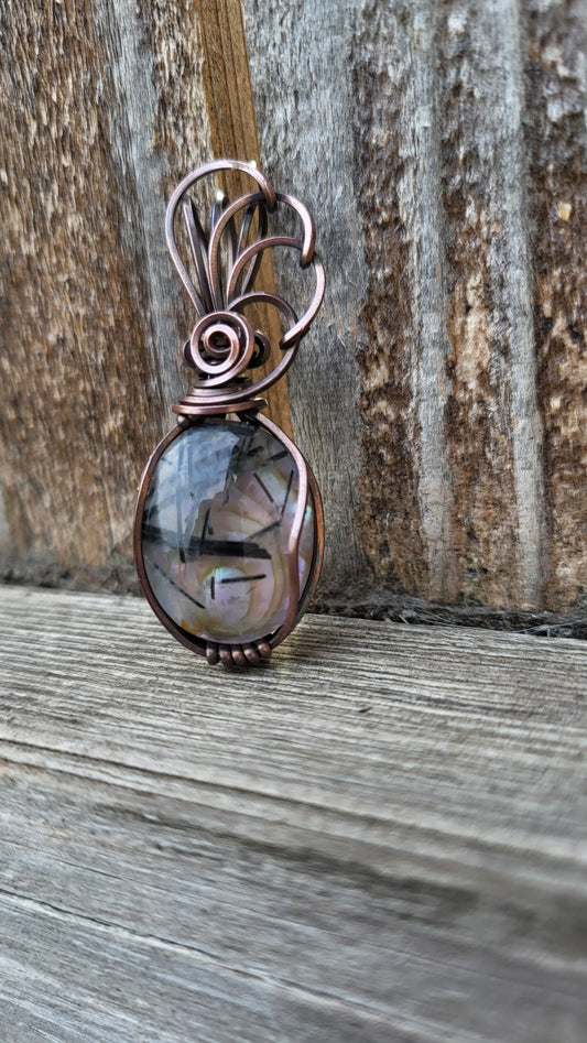 Black Tourmaline Rutilated Quartz/ Abalone Doublet Pendant
