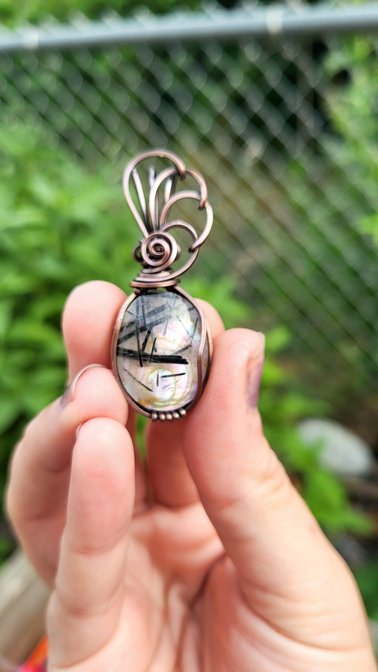 Black Tourmaline Rutilated Quartz/ Abalone Doublet Pendant