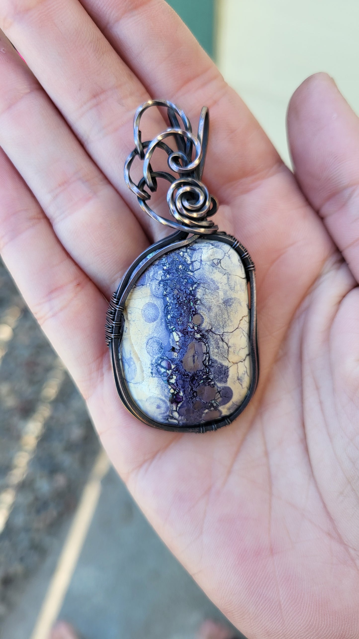 Tiffany Stone Cabochon Wire Wrap Oxidized Copper Pendant