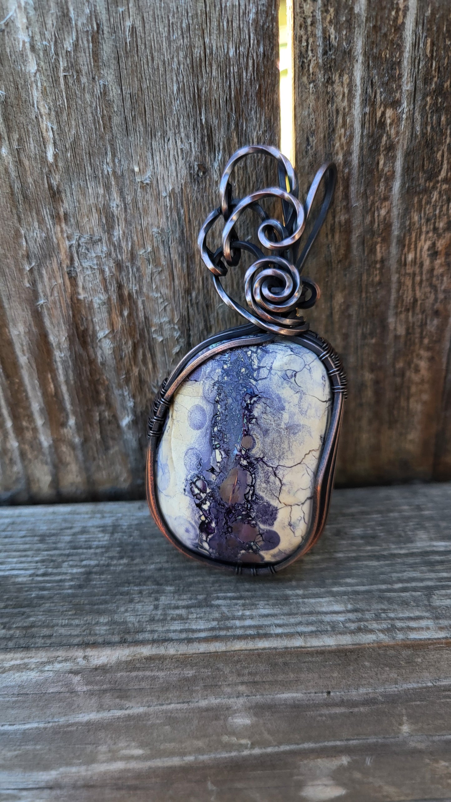 Tiffany Stone Cabochon Wire Wrap Oxidized Copper Pendant
