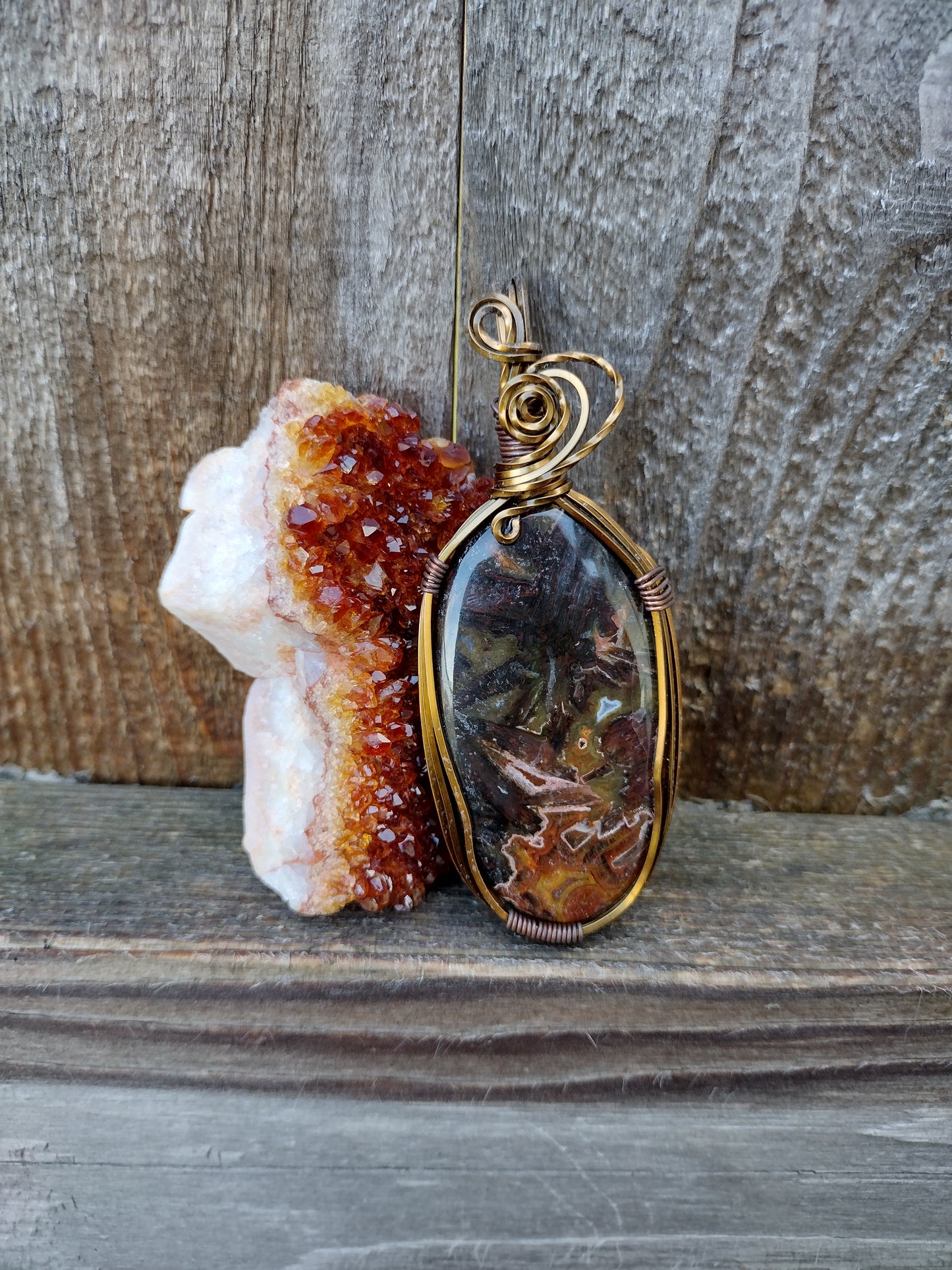 Square Bronze Wire Wrap Turkish Stick Agate Pendant