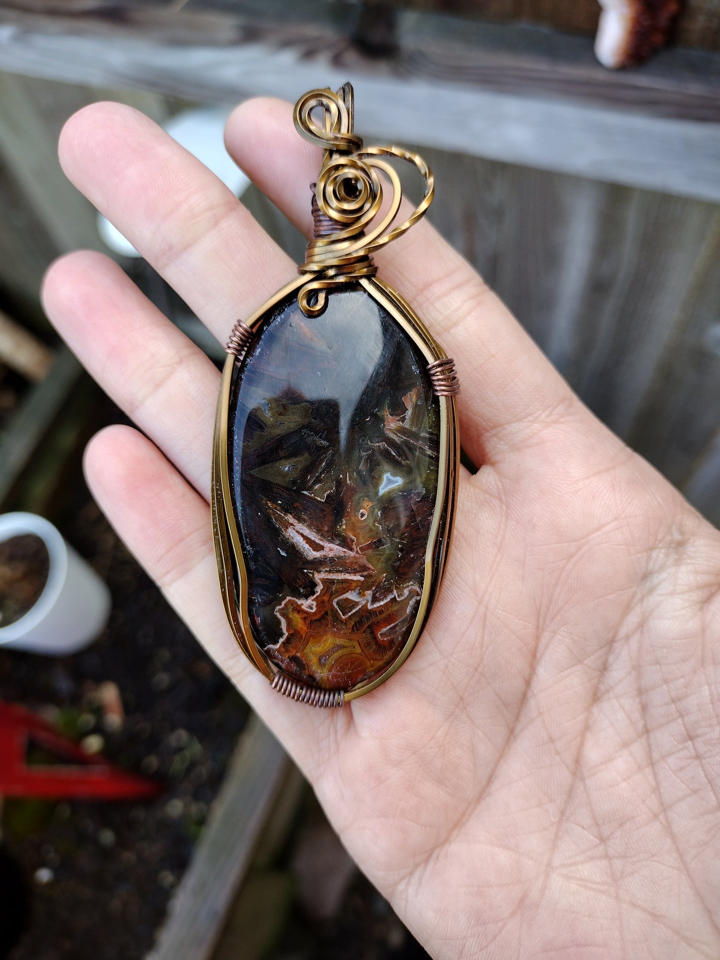 Square Bronze Wire Wrap Turkish Stick Agate Pendant