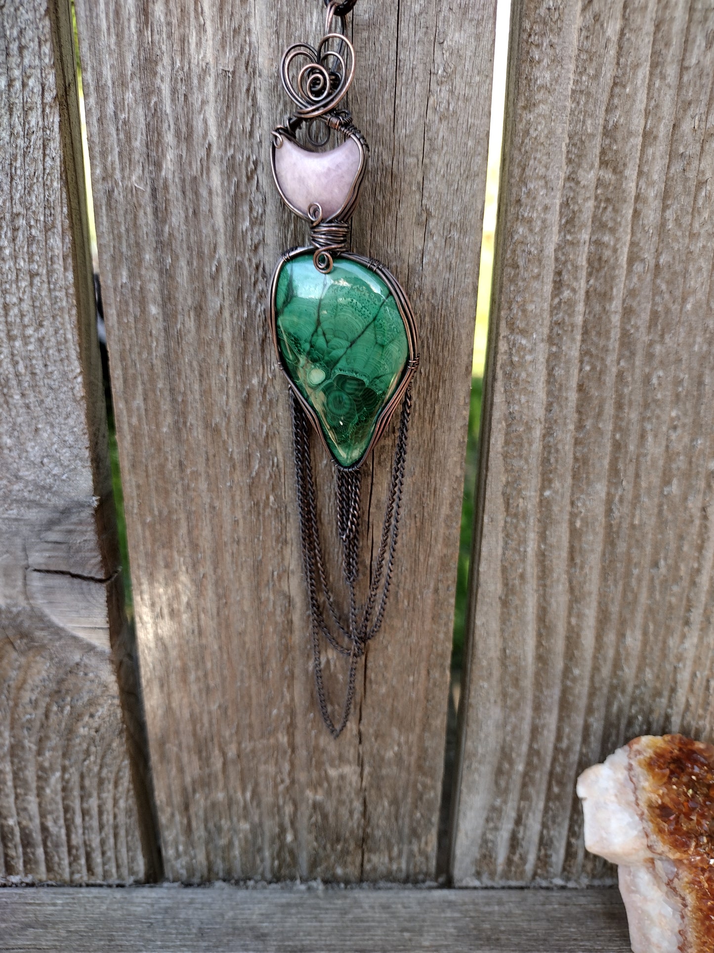 Kunzite Crescent Moon & Malachite Chandelier Totem Pendant