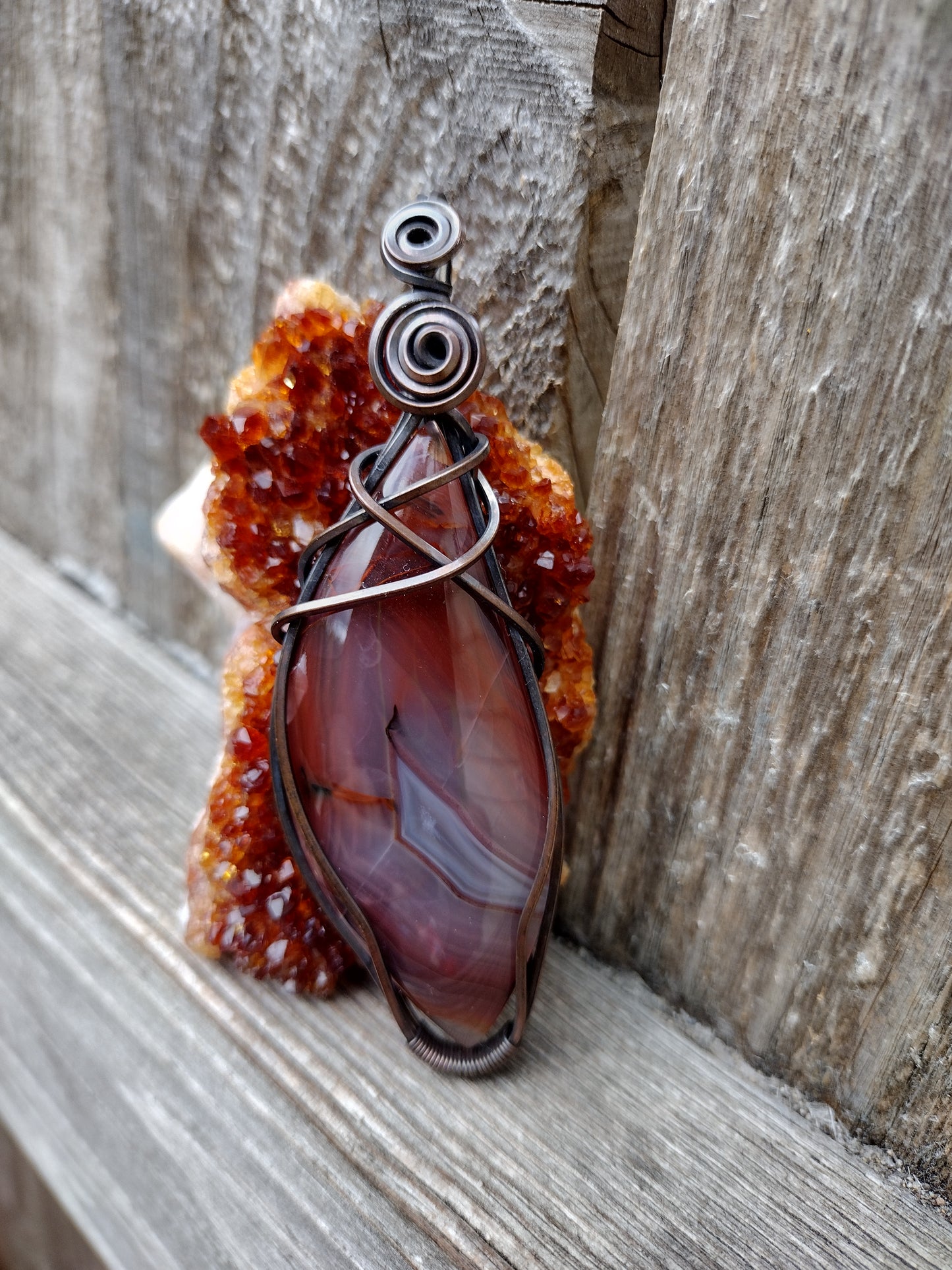 Red Banded Agate Oxidized Square Copper Wire Wrap Pendant