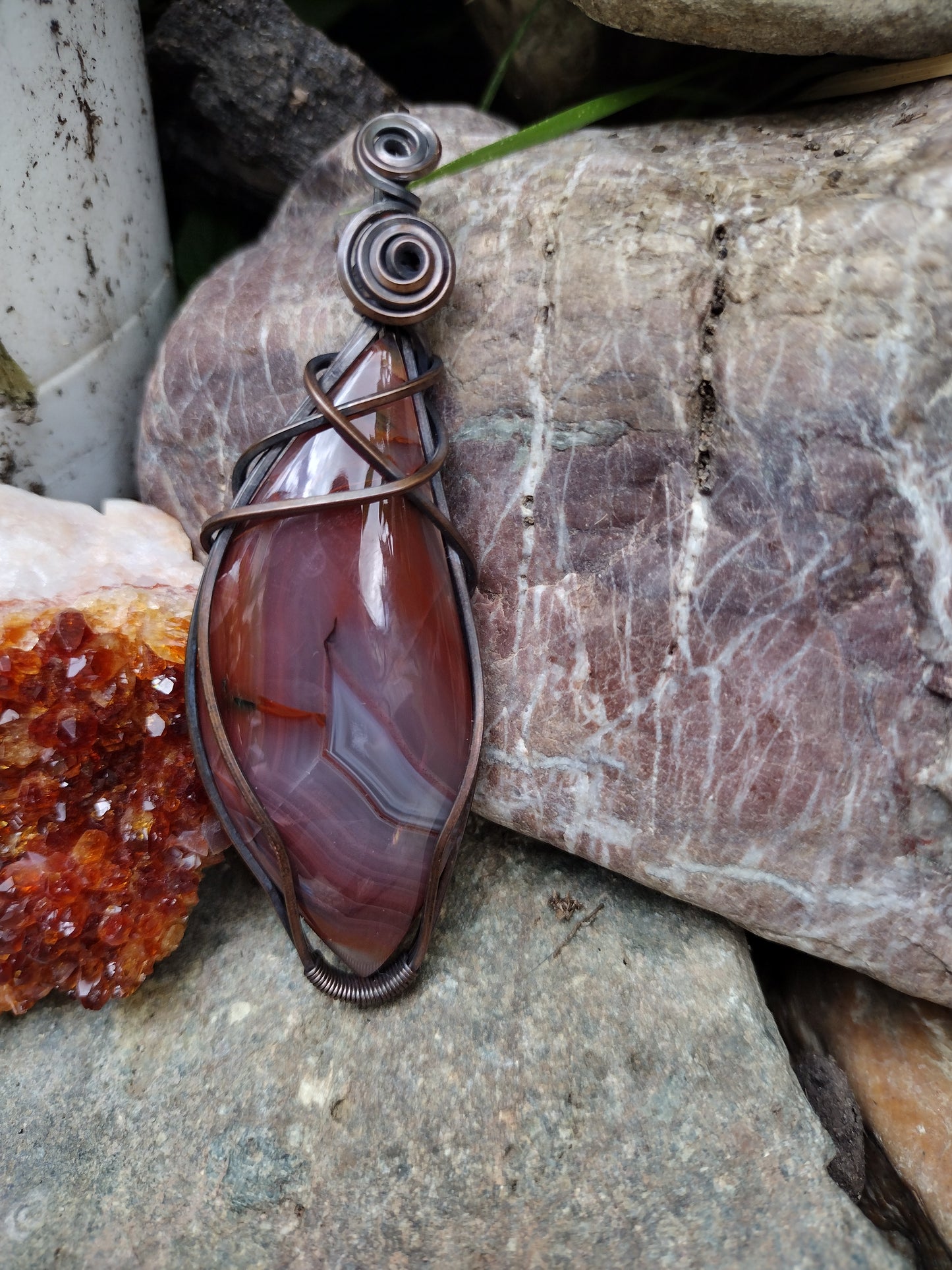 Red Banded Agate Oxidized Square Copper Wire Wrap Pendant