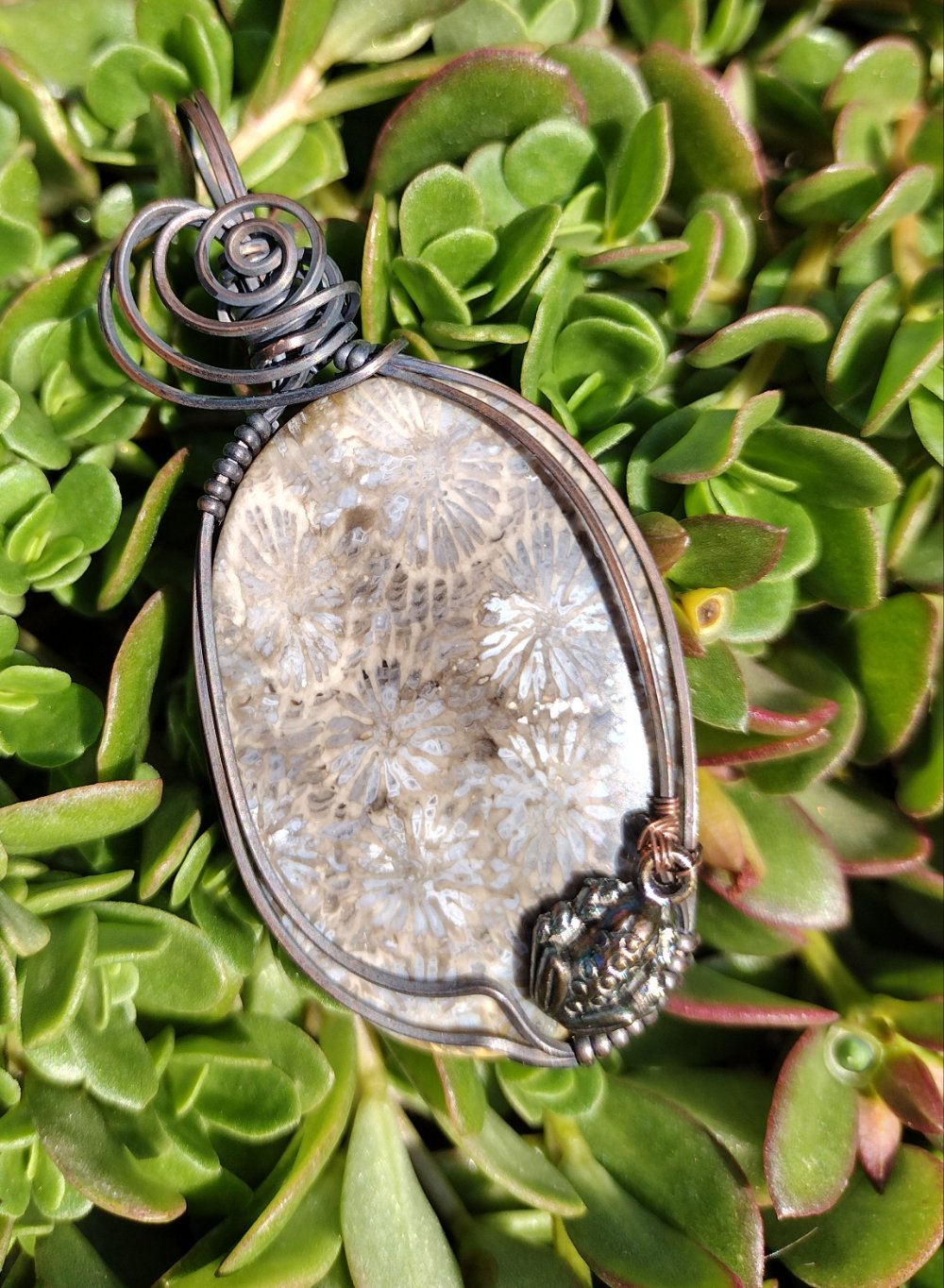 Chrysanthemum Coral Fossil Frog Charm Pendant