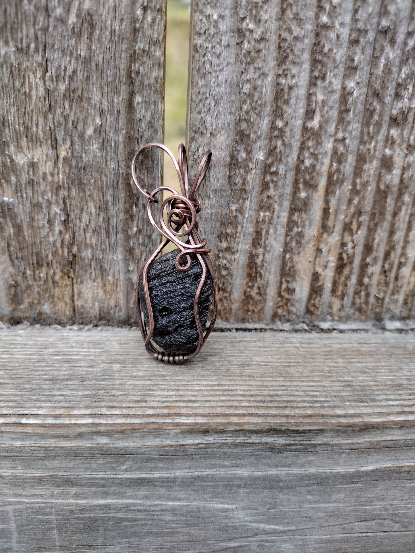 Oxidized Square Copper Wire Wrap Pendant Featuring Agni Tektite