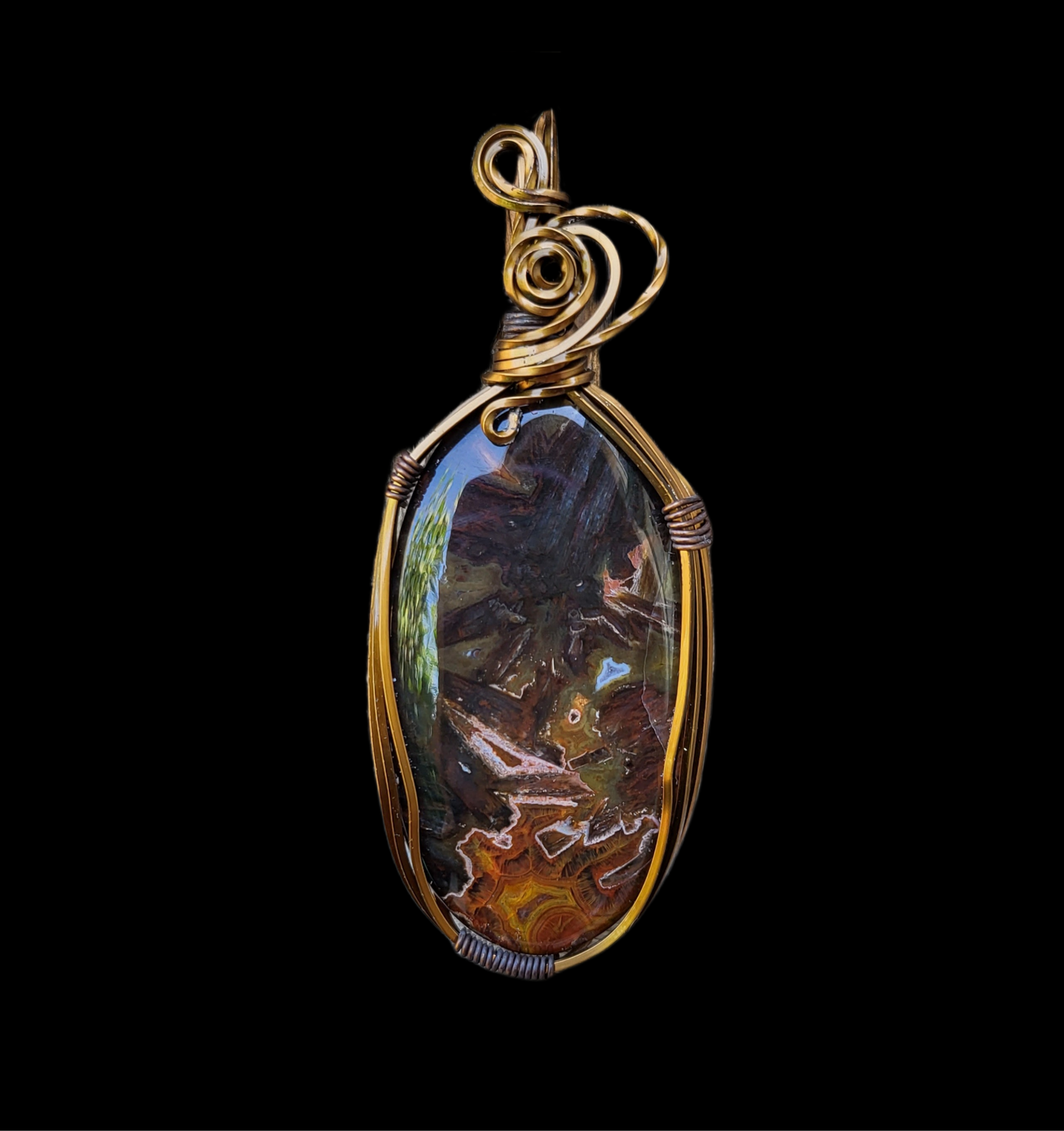 Square Bronze Wire Wrap Turkish Stick Agate Pendant