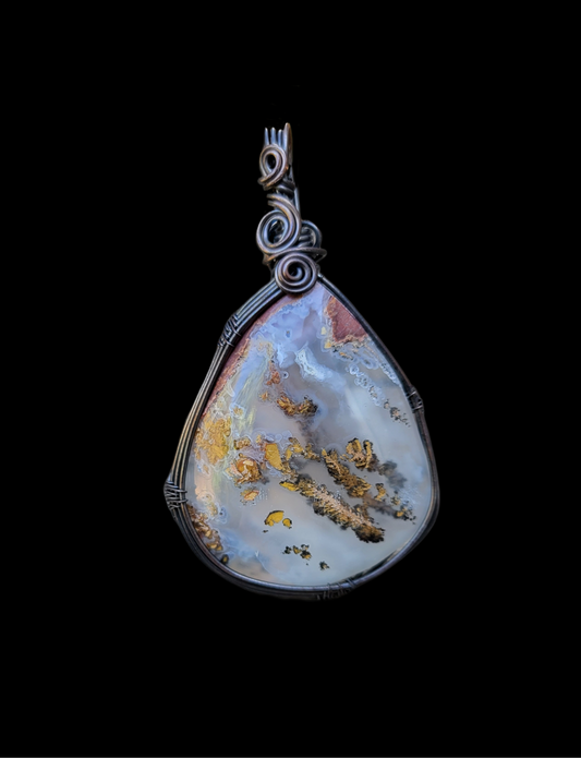 Handcrafted Oxidized Copper Wire Wrap Pendant Featuring Plume Agate Cabochon Centerpiece