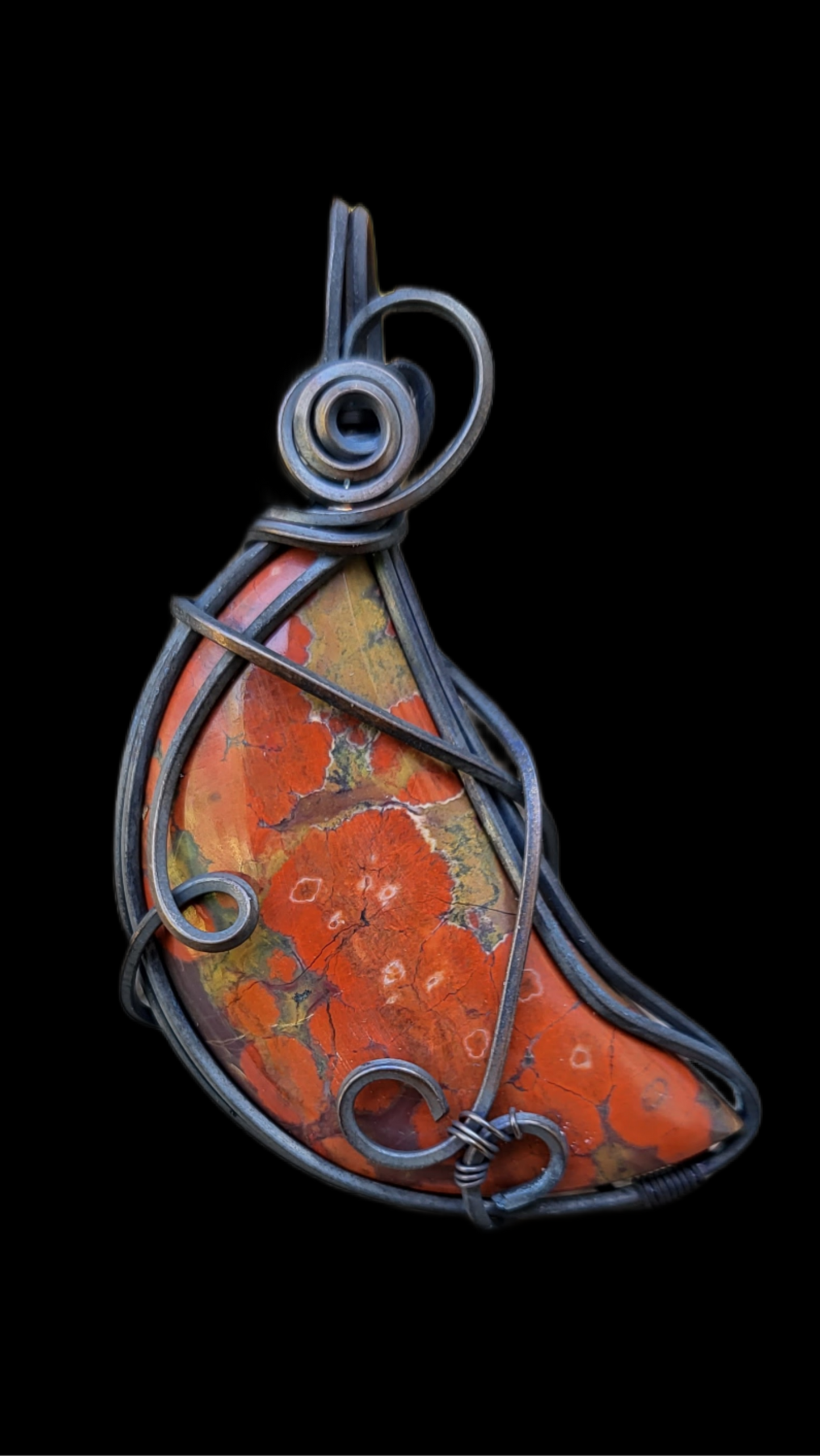Oxidized Square Copper Wire Wrap Pendant Featuring Poppy Jasper Crescent Moon