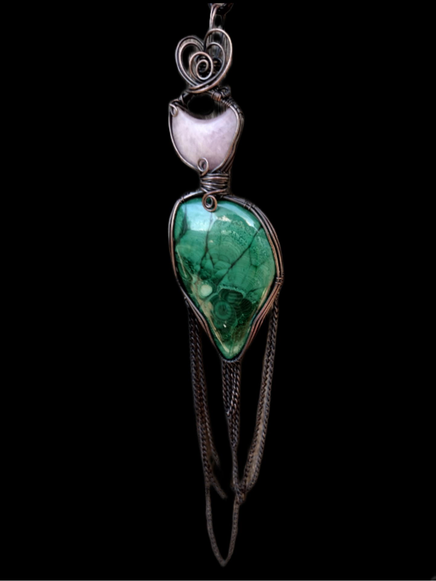 Kunzite Crescent Moon & Malachite Chandelier Totem Pendant