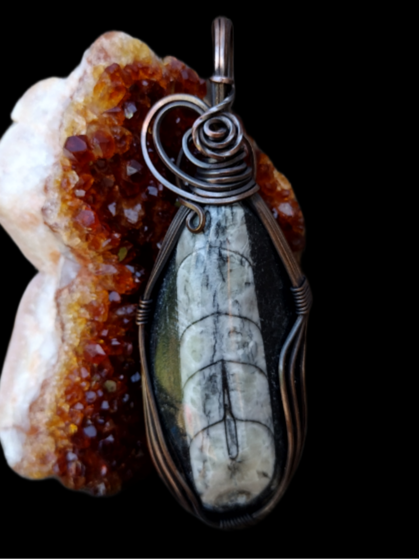 Handcrafted Oxidized Square Copper Pendant Featuring Orthoceras Fossil