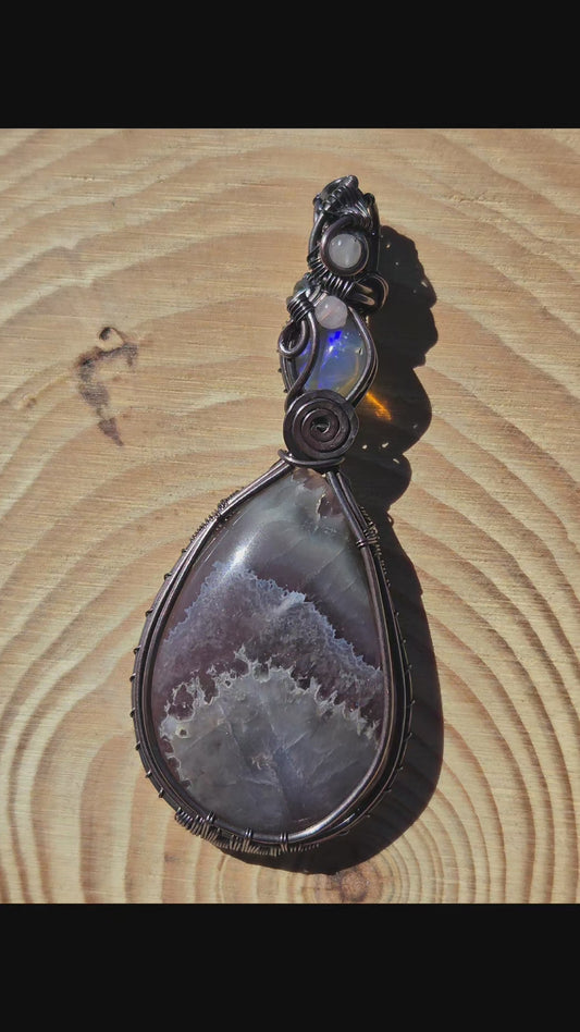 Amethyst Lace Cabochon with Blue Fire Opal and Rose Quartz Accents Pendant