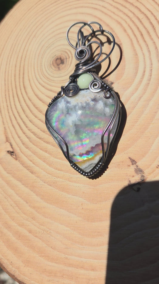 Plume Agate/ Rainbow Aurora Opal Doublet Pendant