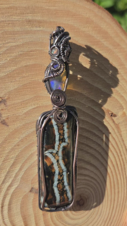 Opalized Mammoth Tooth Fossil,  Blue Fire Opal with Labradorite Accent Pendant