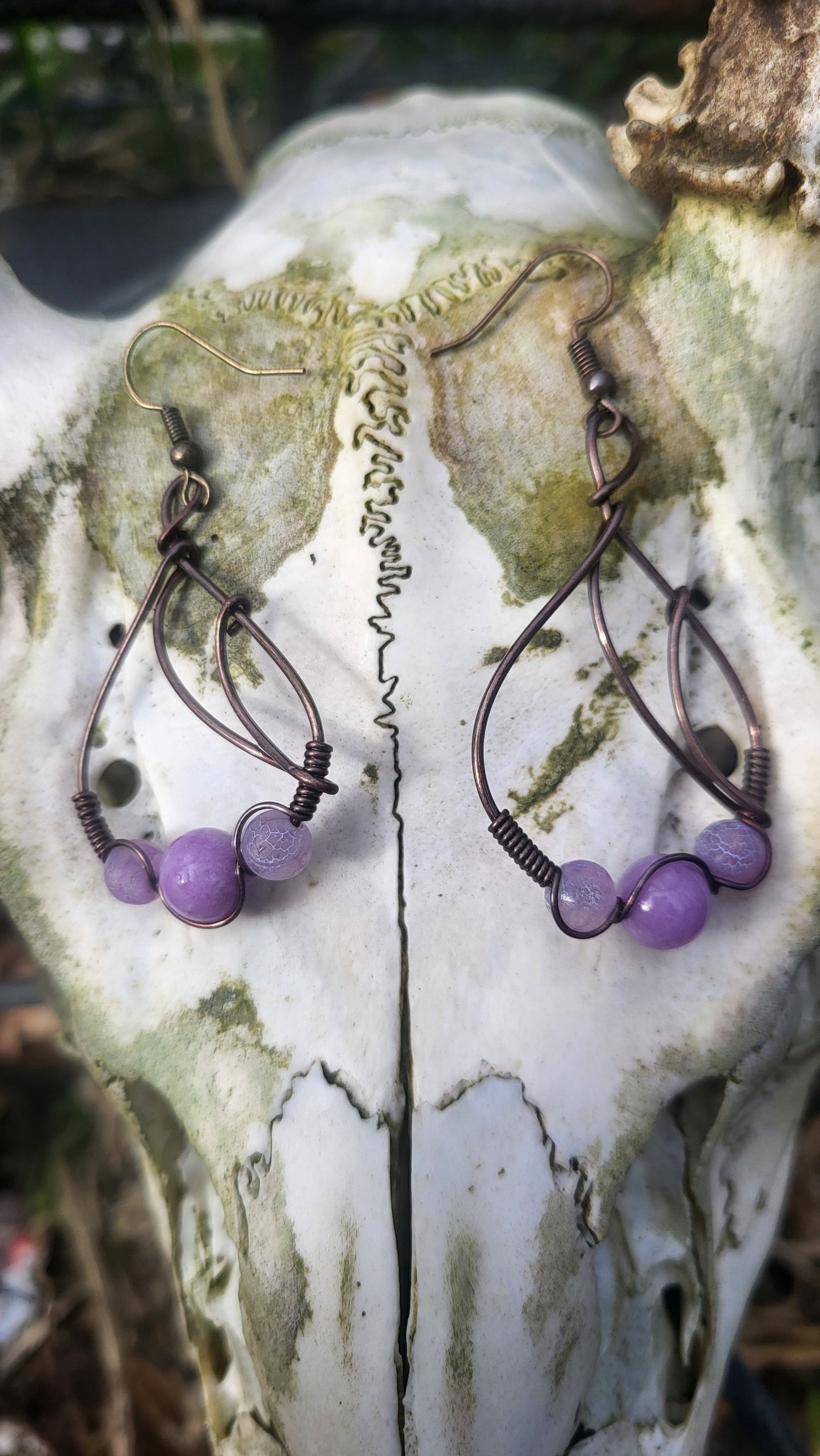 Persian Jade & Purple Agate Oxidized Copper Wire Wrap Earrings