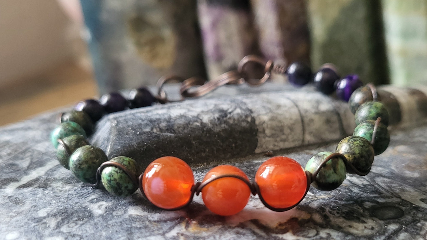 Copper Wire Wrap Stone Bead Bracelet Sz. 6.5