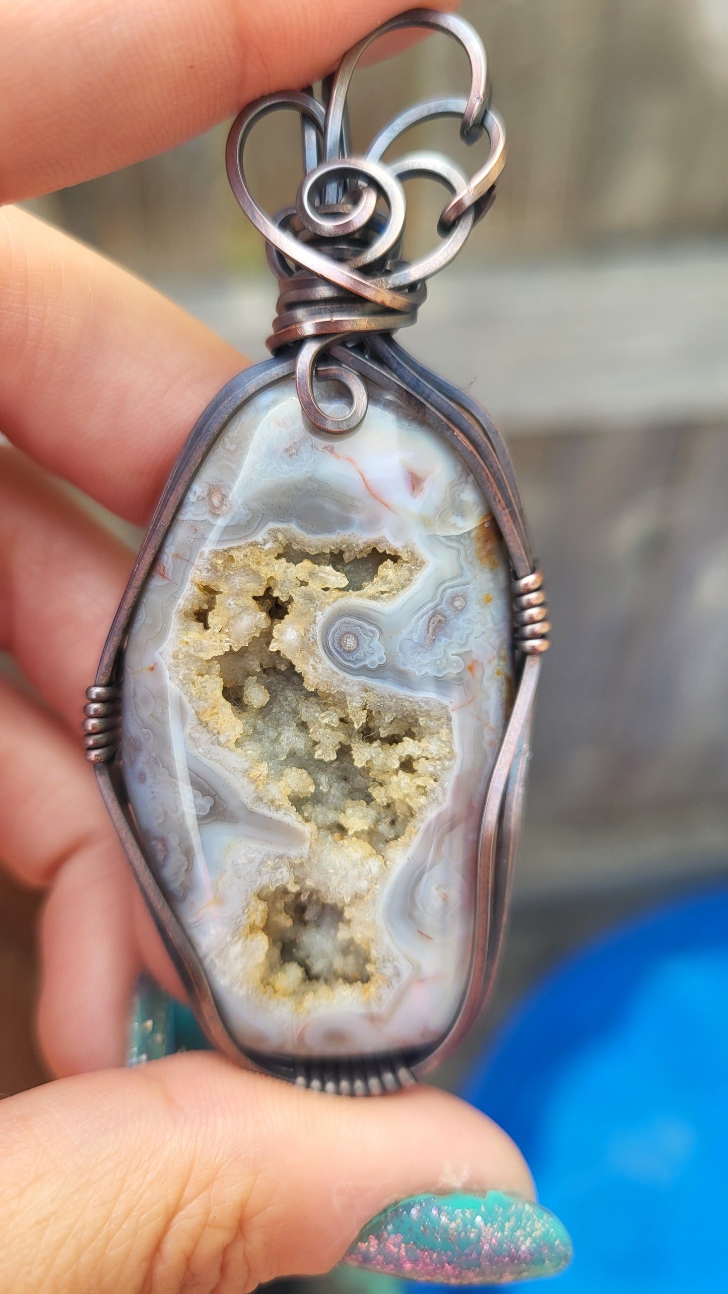 Agate w/ Druzy Crystals Copper Wire Wrap Pendant