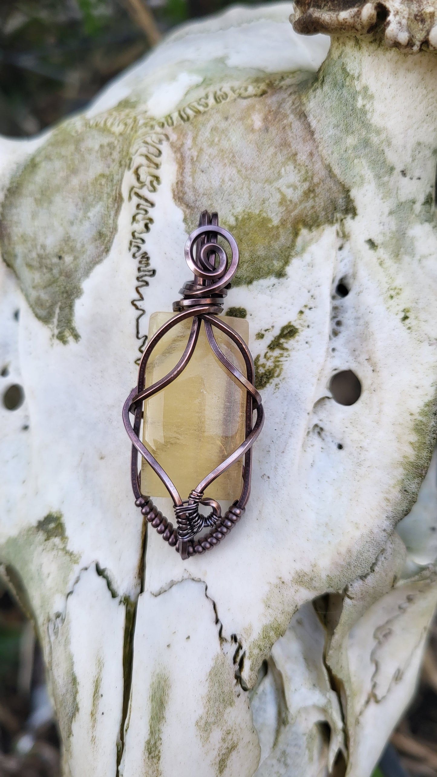 Yellow Fluorite Oxidized Copper Wire Wrap Pendant