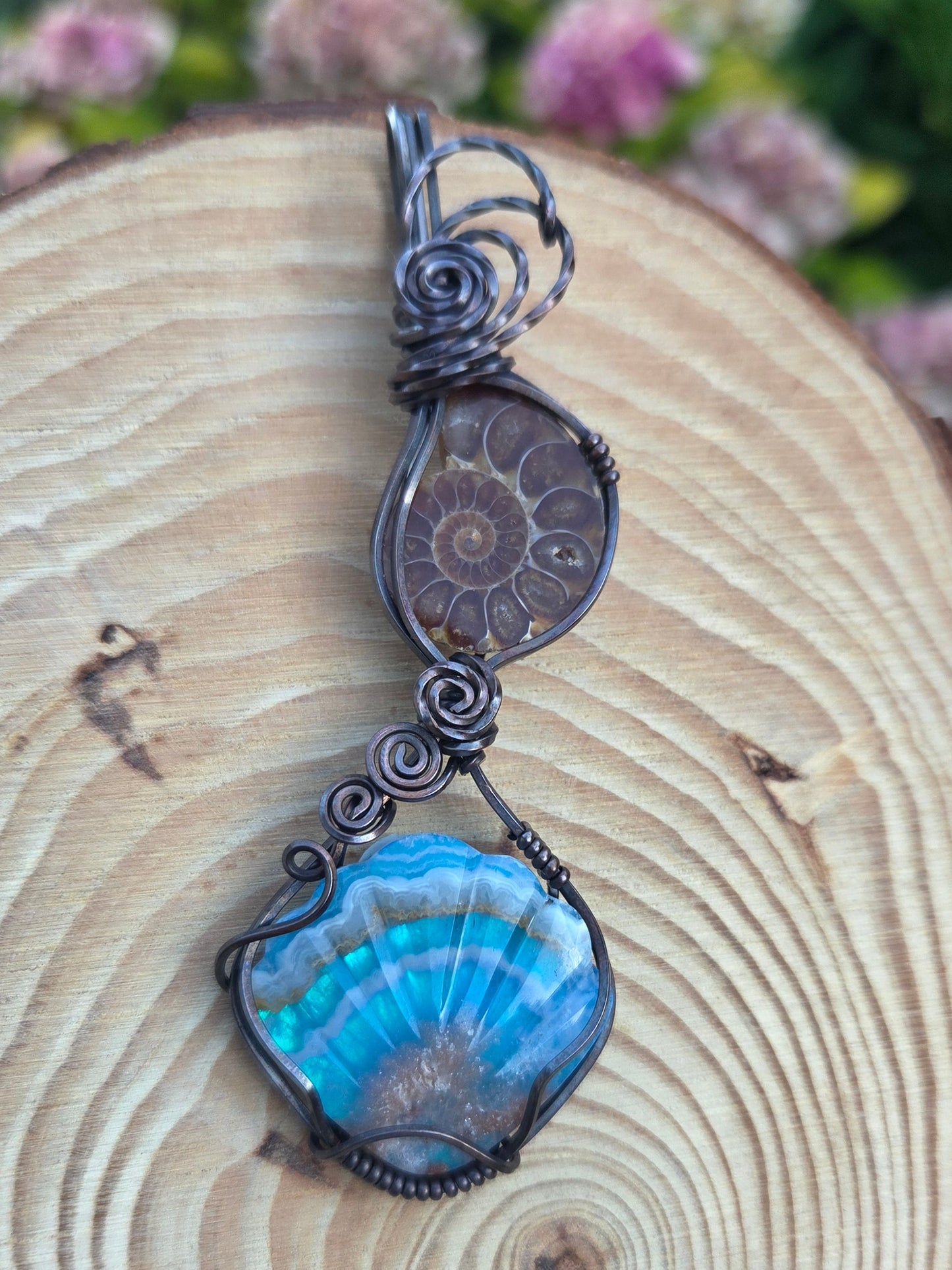 Ammonite Fossil & Plume Agate Aurora Opal Seashell Shaped Doublet Totem Pendant