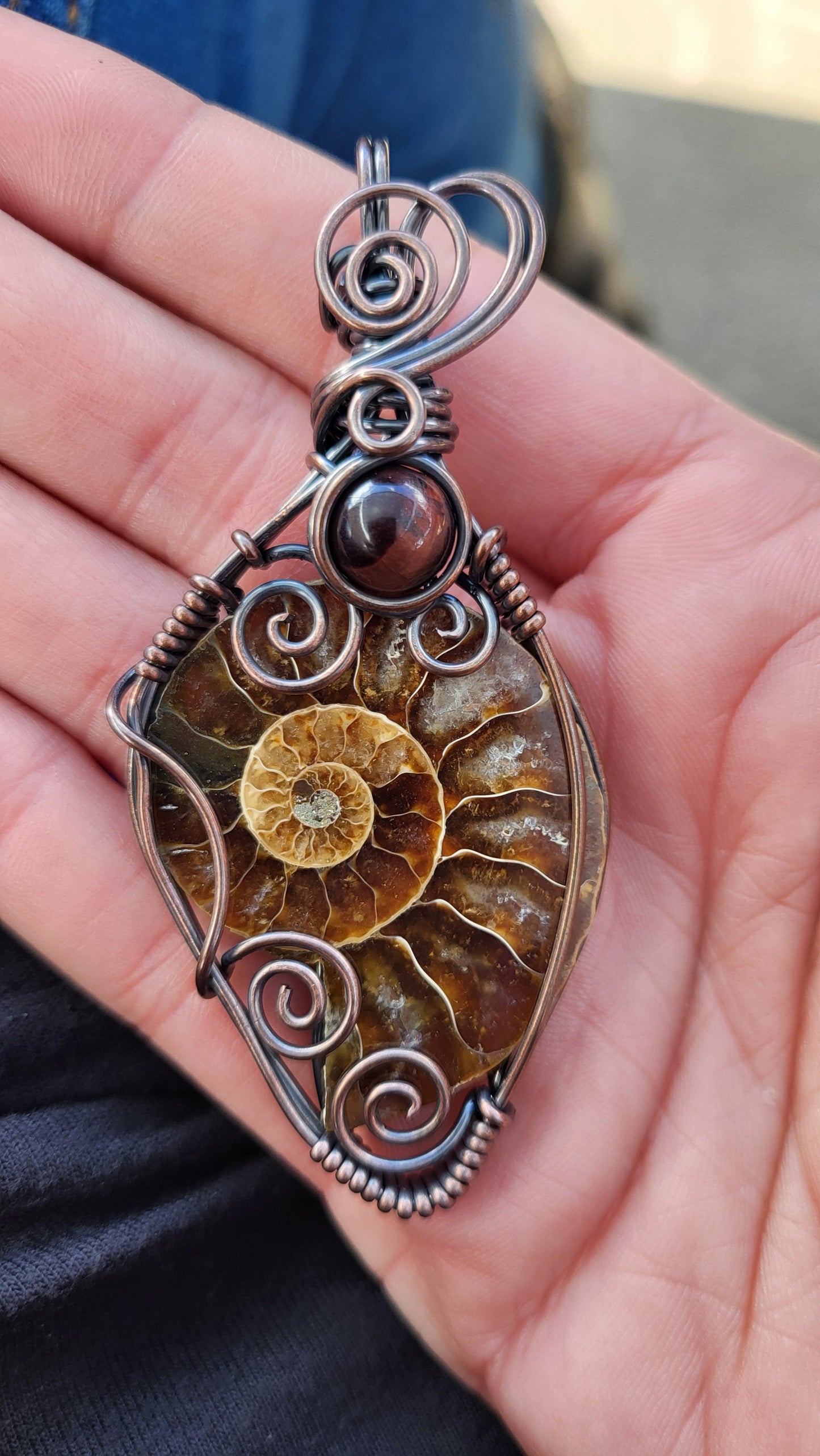 Ammonite Fossil w/ Red Tigers Eye Copper Wire Wrap Pendant