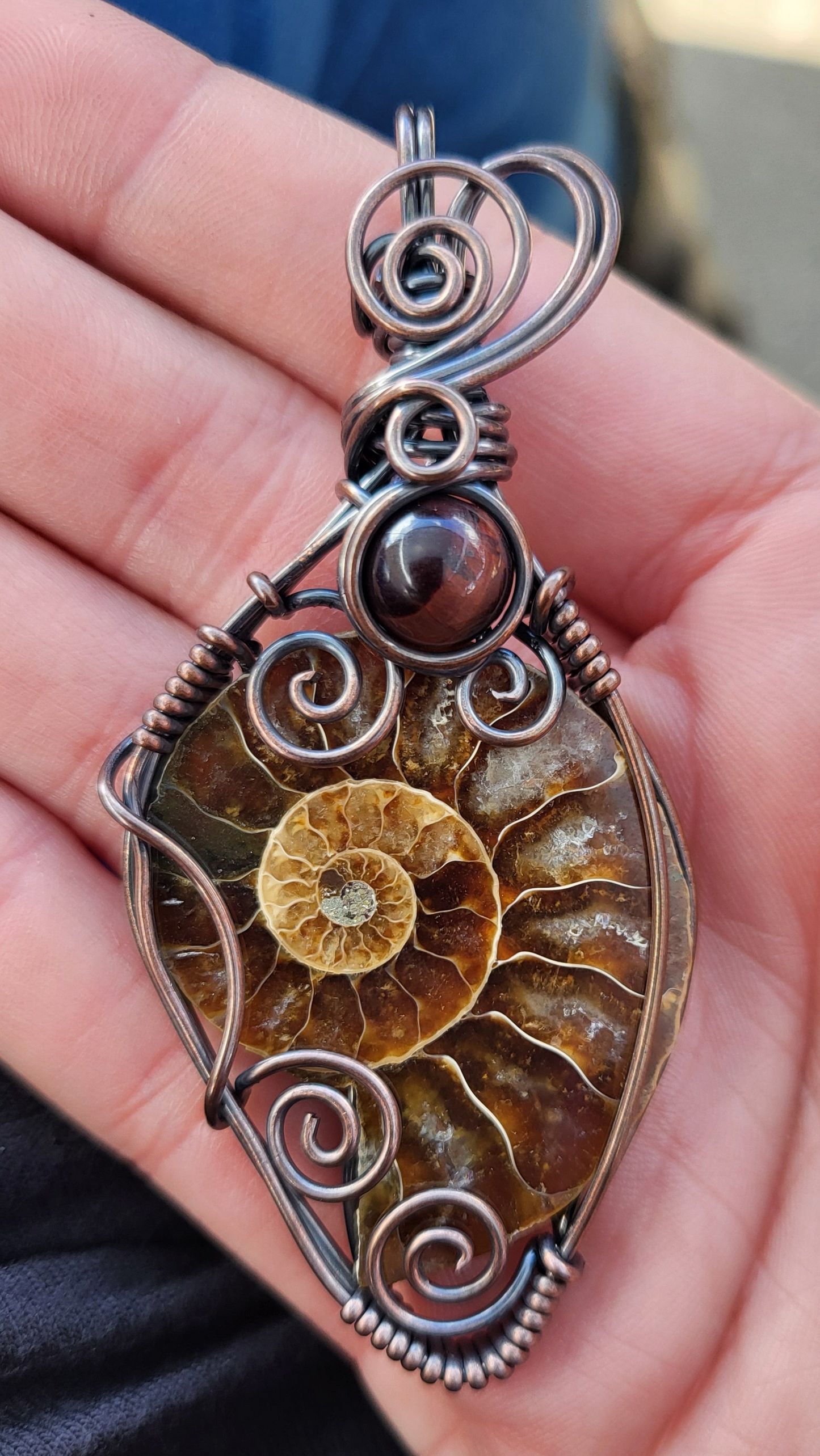 Ammonite Fossil w/ Red Tigers Eye Copper Wire Wrap Pendant