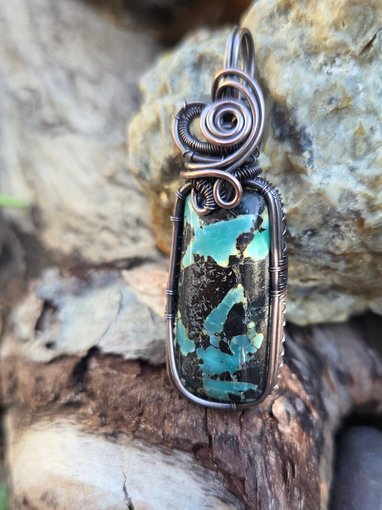 Super Fox Variscite Cabochon Copper Wire Wrap Pendant