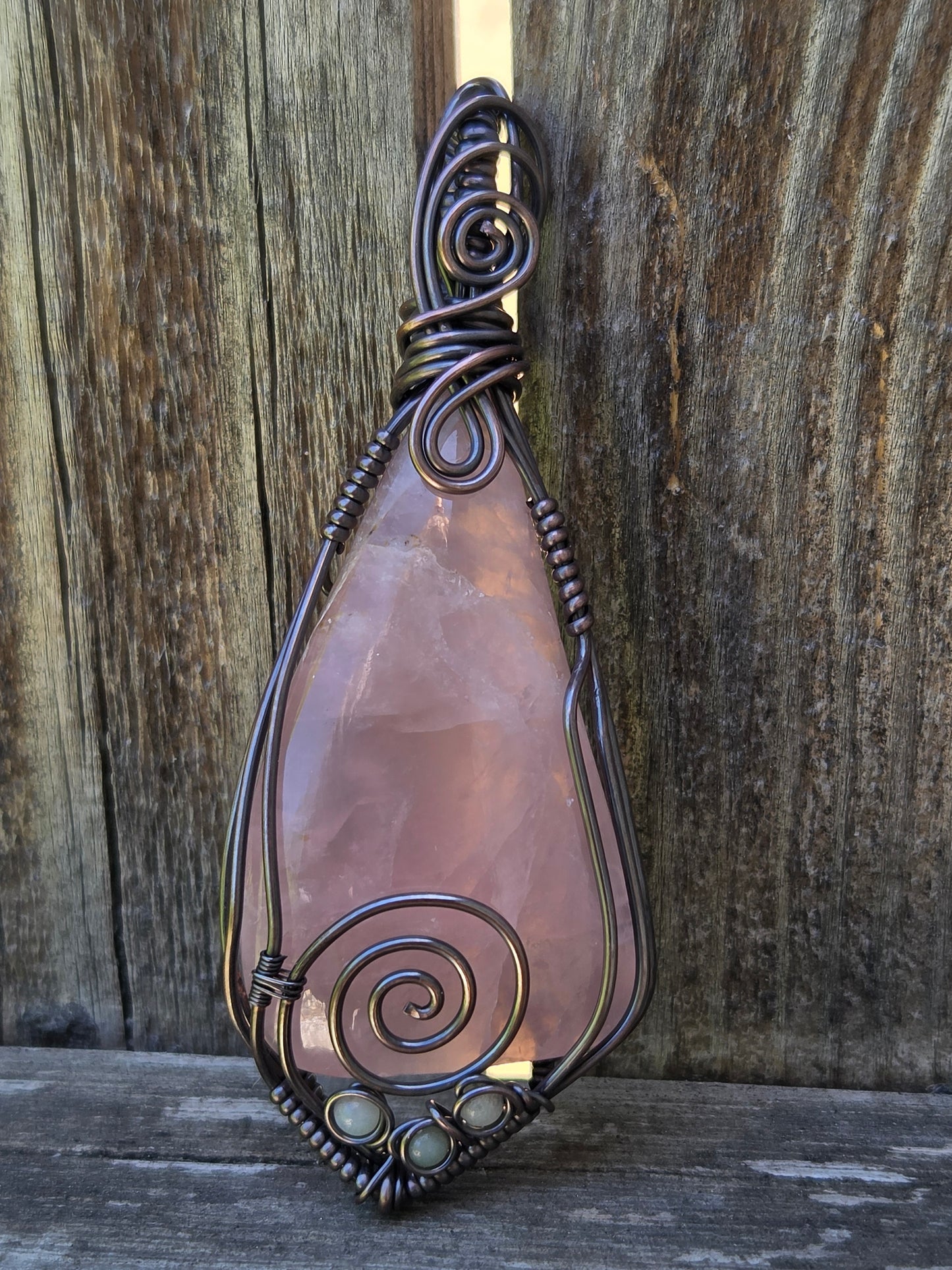 Rose Quartz Cabochon Copper Wire Wrap Pendant W/ Amazonite Accents