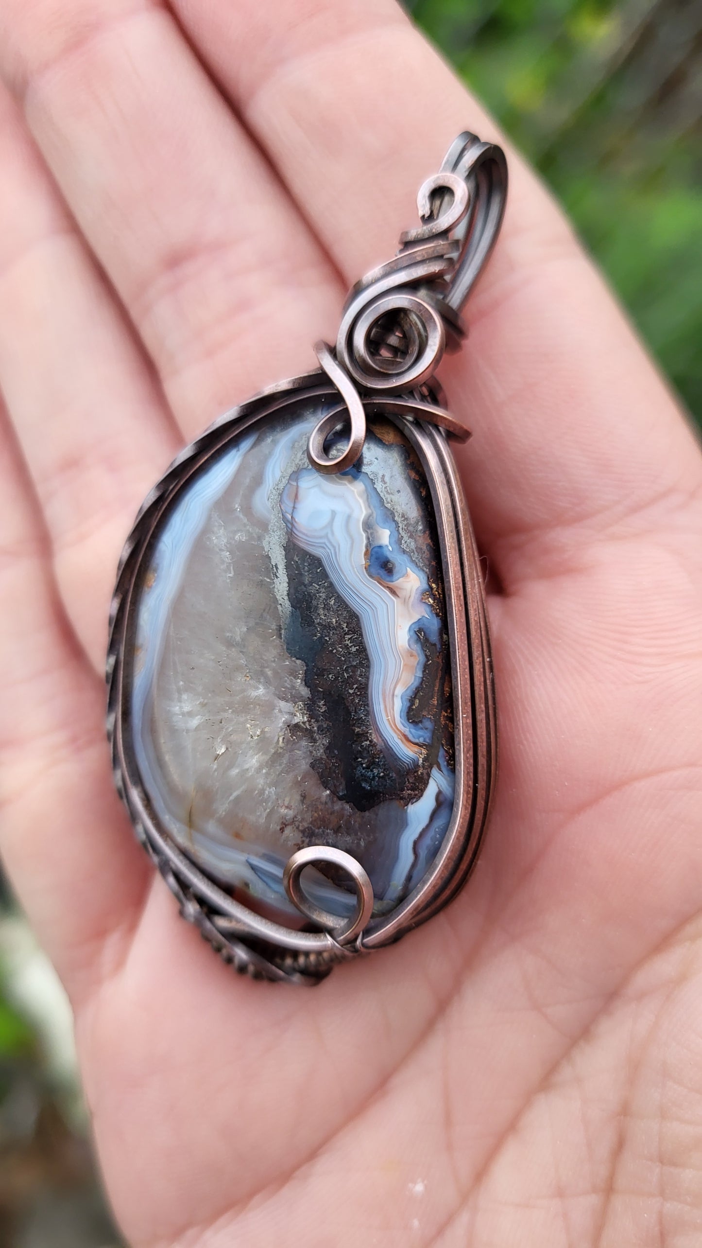 Iron Cactus Agate w Hematite Inclusion Oxidized Copper Wire Wrap Pendant