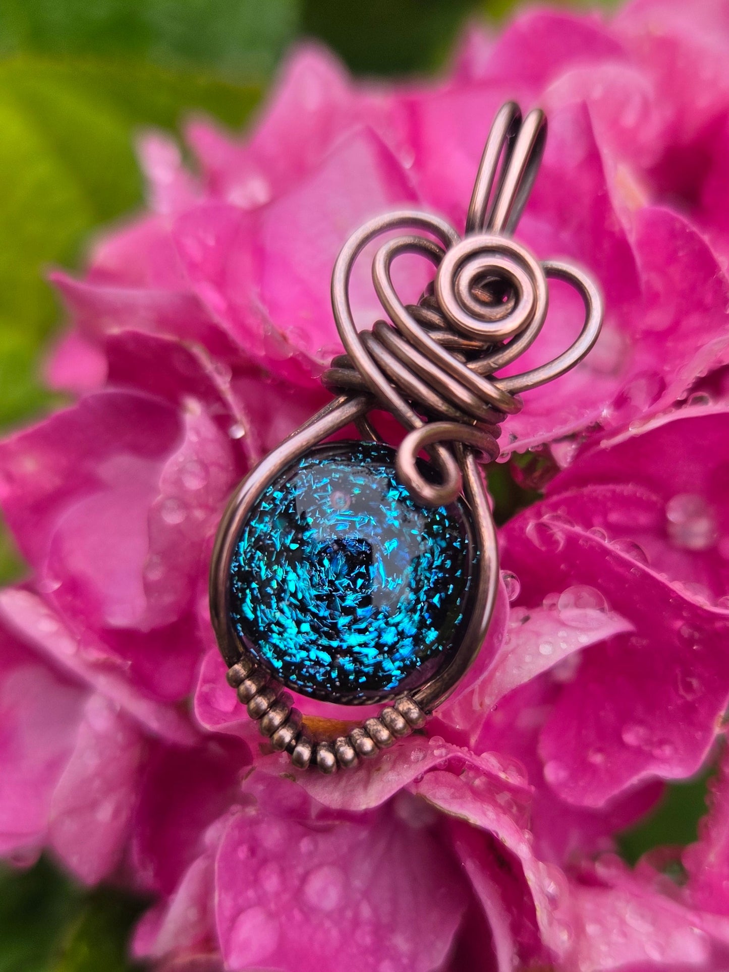 Blue Dichro Glass Marble Copper Wire Wrap Pendant