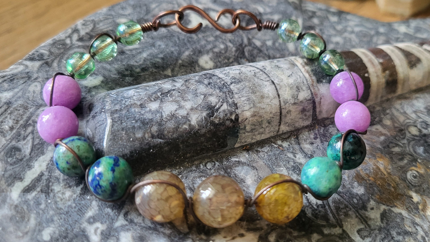 Copper Wire Wrap Stone Bead Bracelet Sz. 6.5