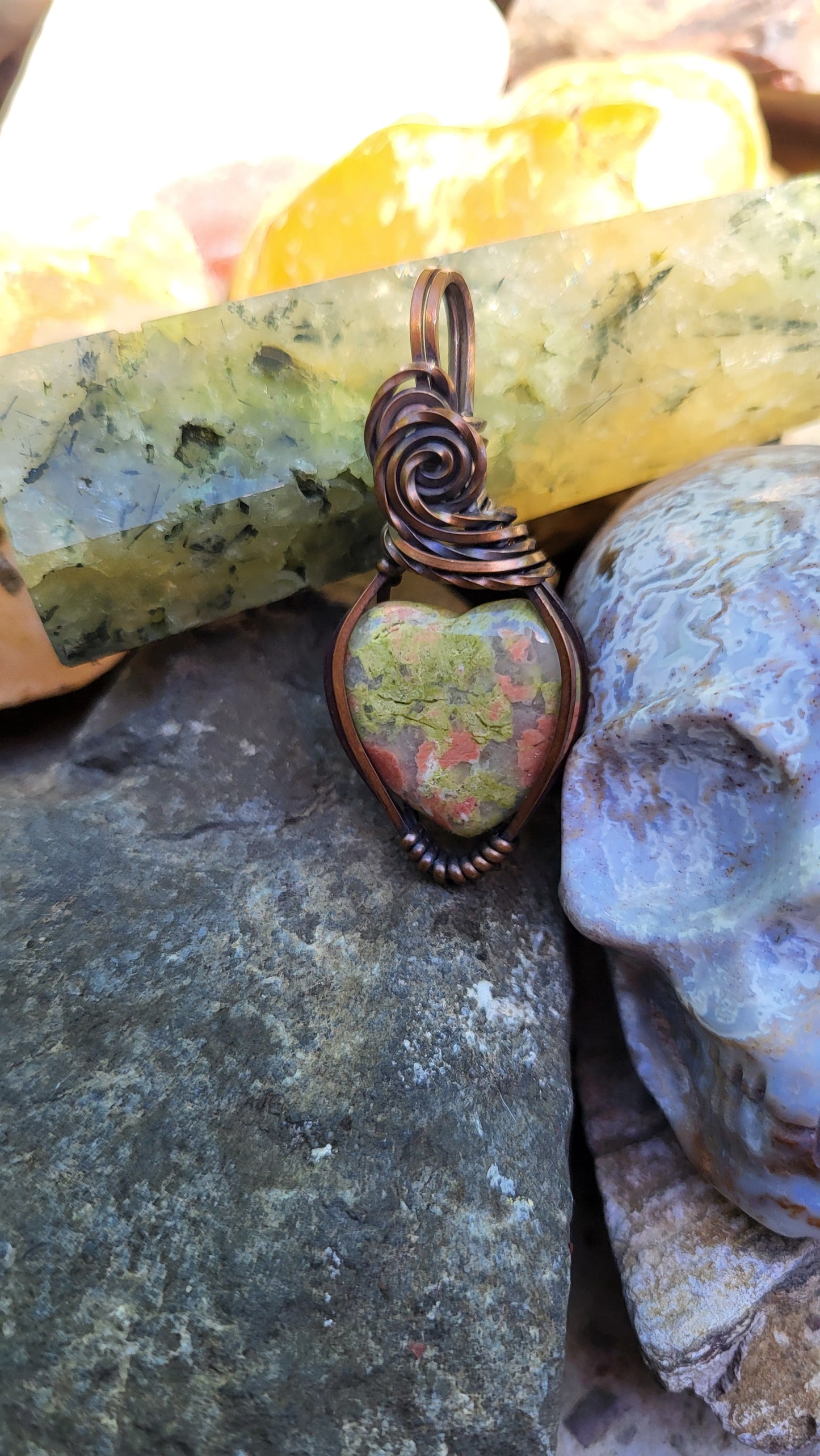 Unakite Jasper Heart Copper Wire Wrap Pendant