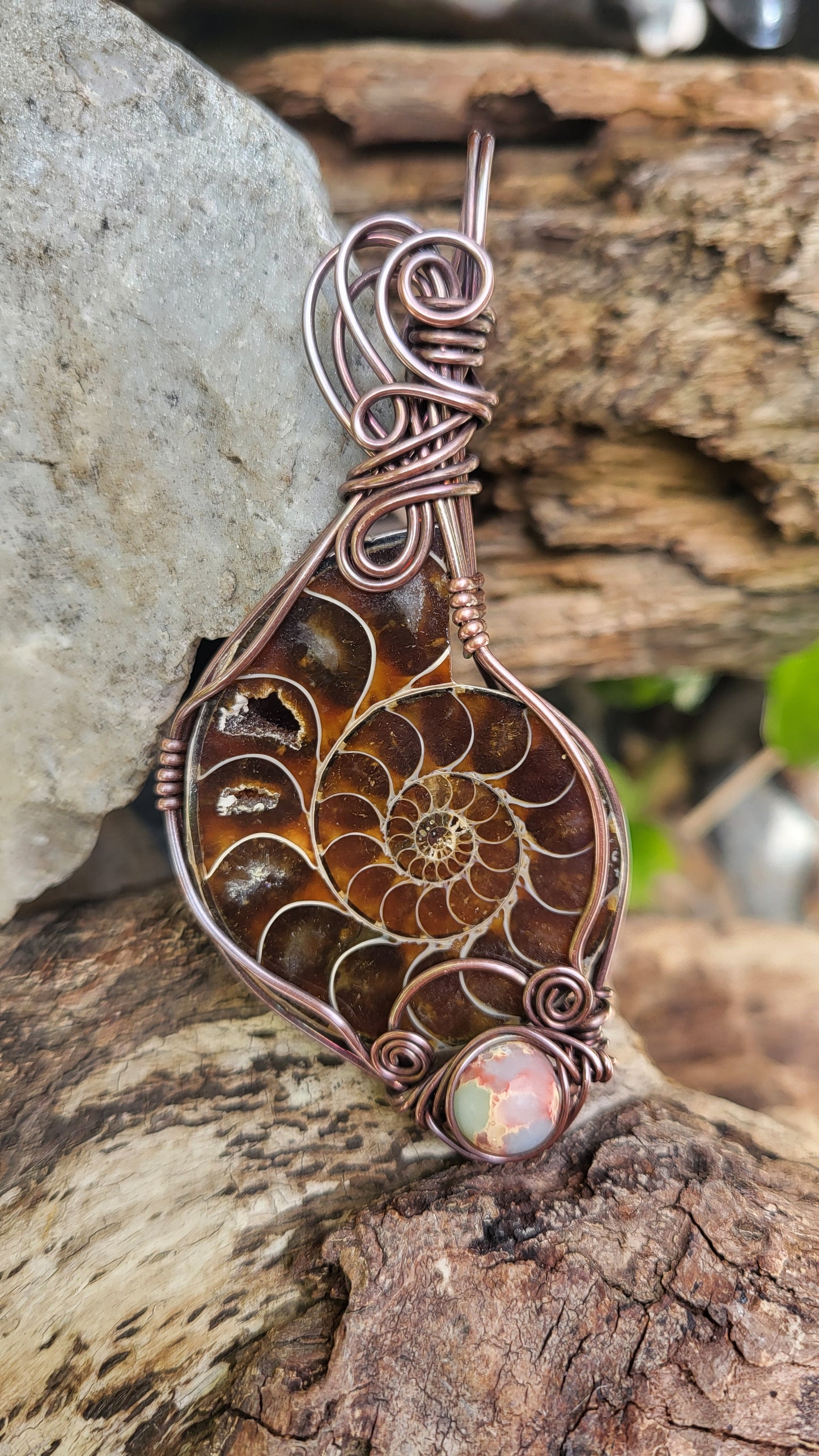 Ammonite Fossil w Shoushan Stone Accent Copper Wire Wrap Pendant
