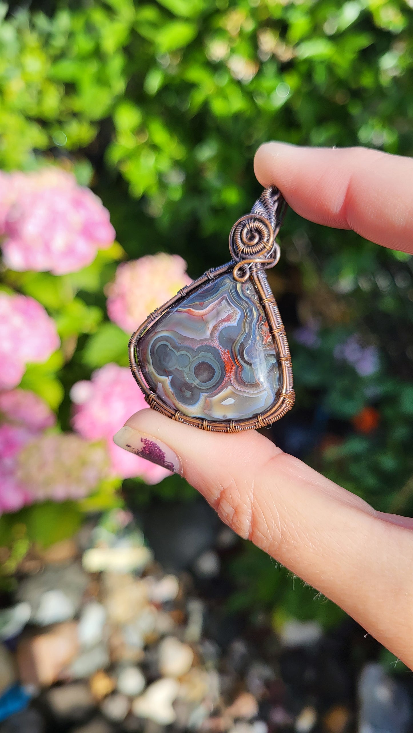 Blue Laguna Lace Agate Copper Wire Wrapped Pendant