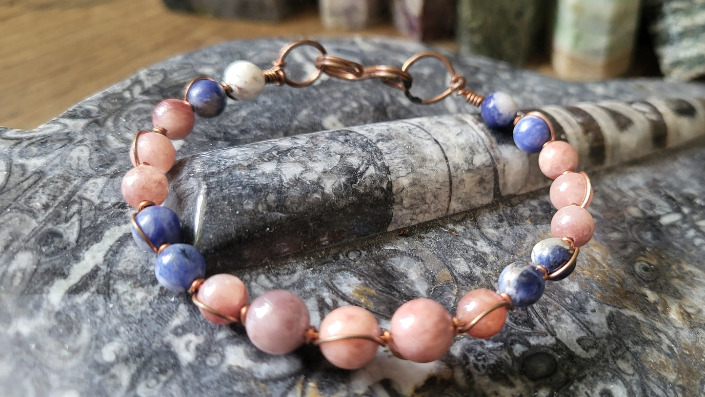 Copper Wire Wrap Stone Bead Bracelet Sz 6.5