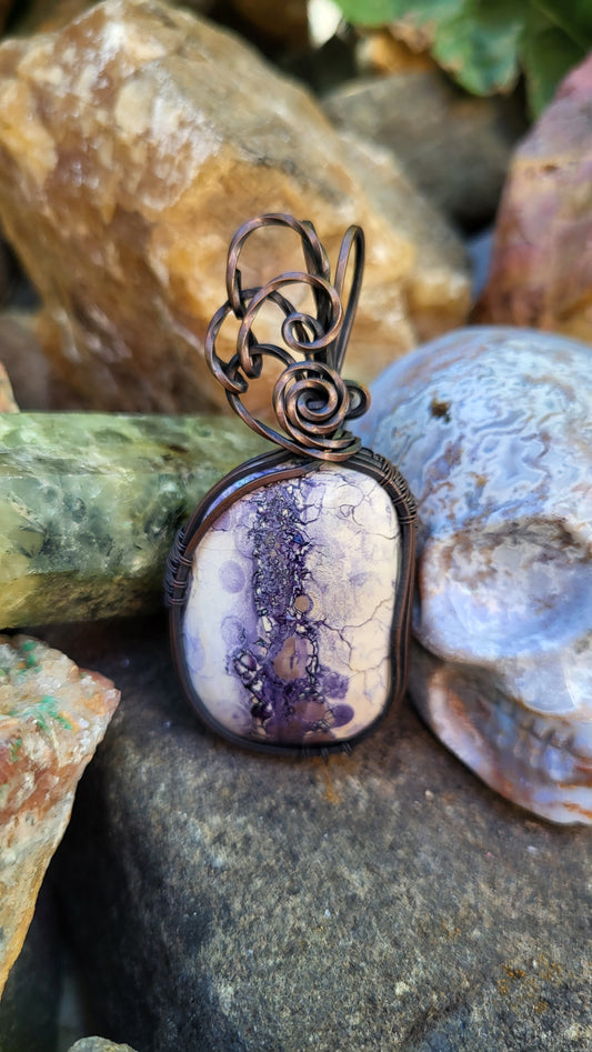 Tiffany Stone Cabochon Wire Wrap Oxidized Copper Pendant
