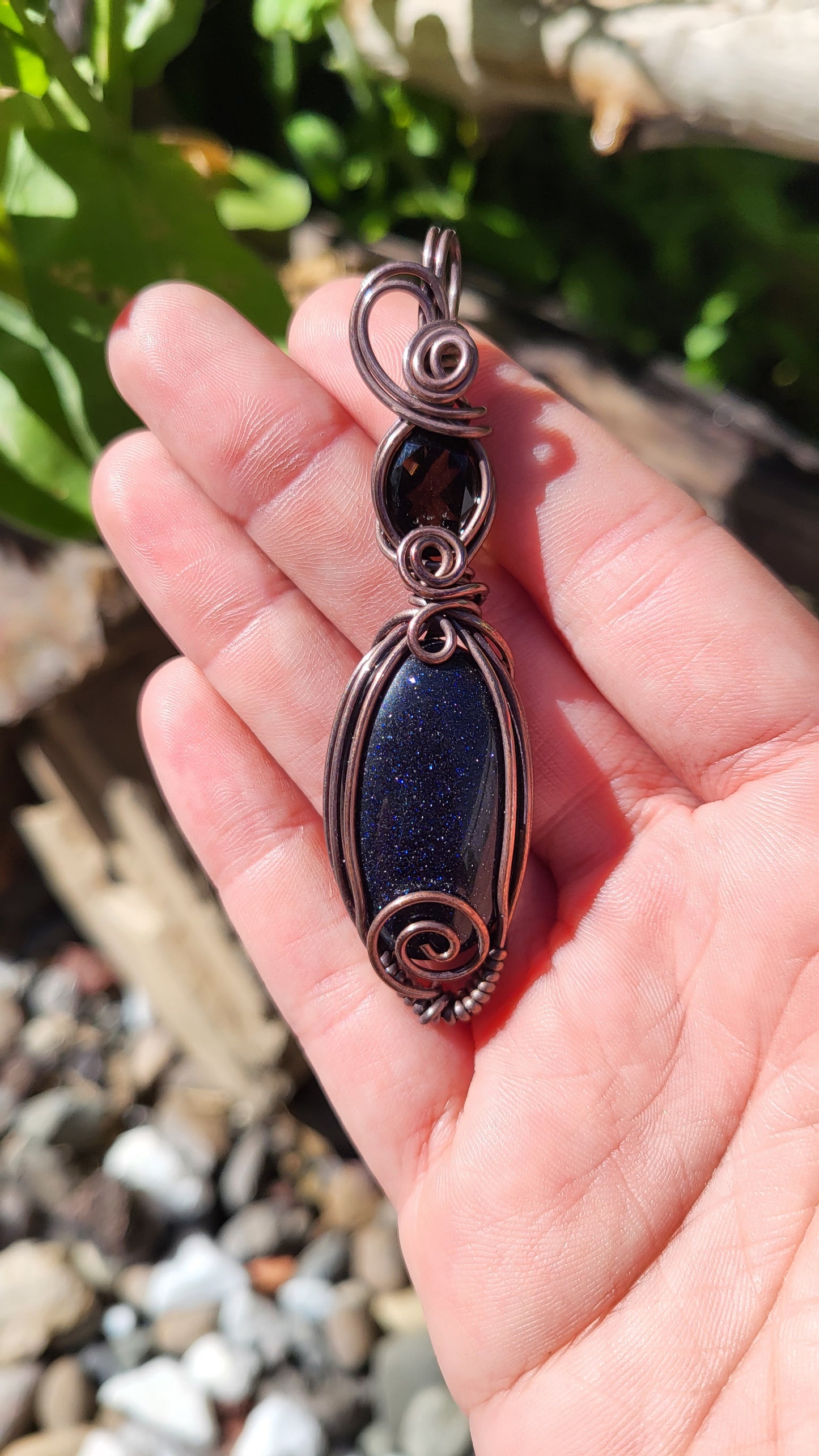 Smoky Quartz & Blue Goldstone Copper Wire Wrap Pendant