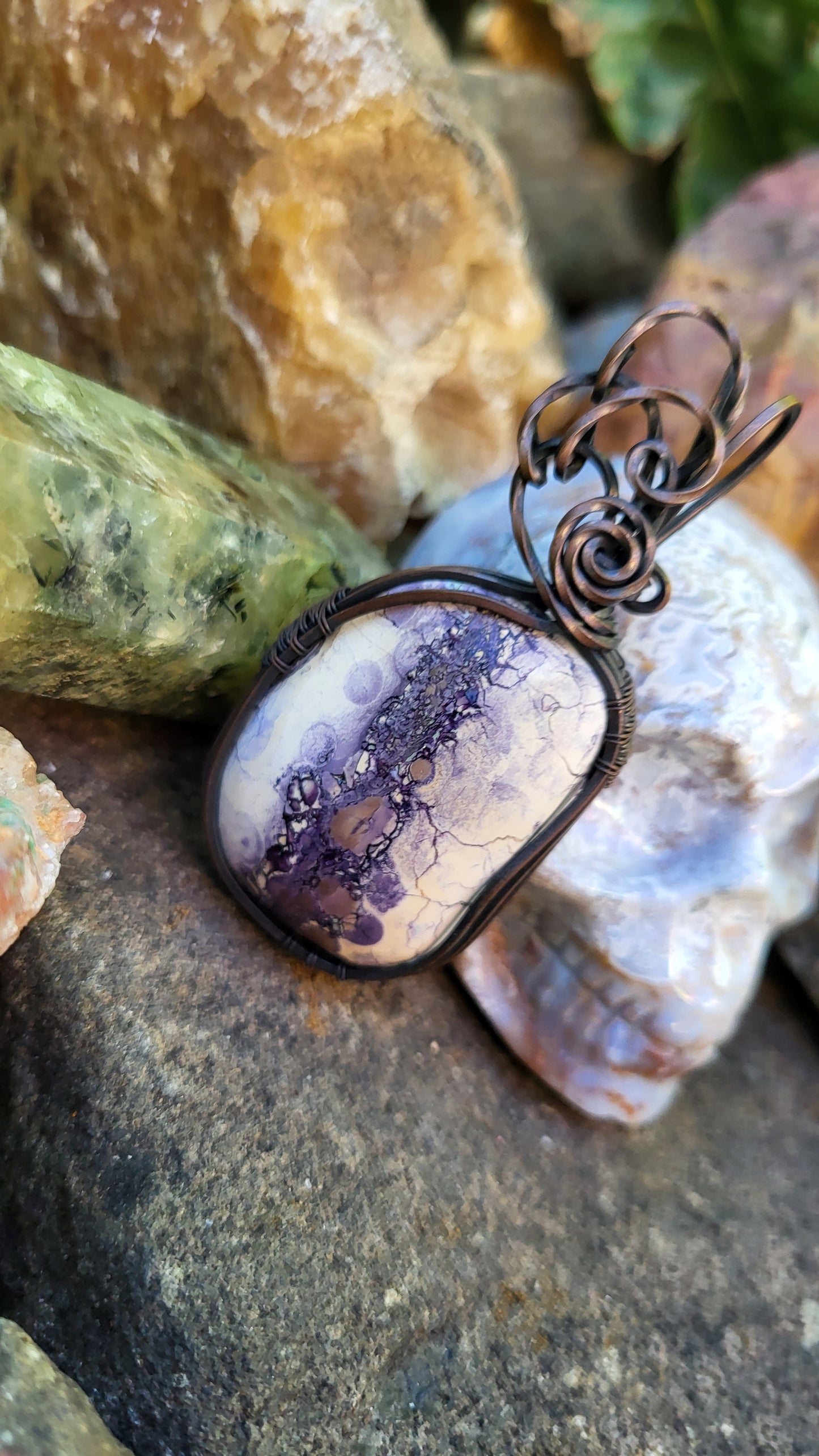 Tiffany Stone Cabochon Wire Wrap Oxidized Copper Pendant
