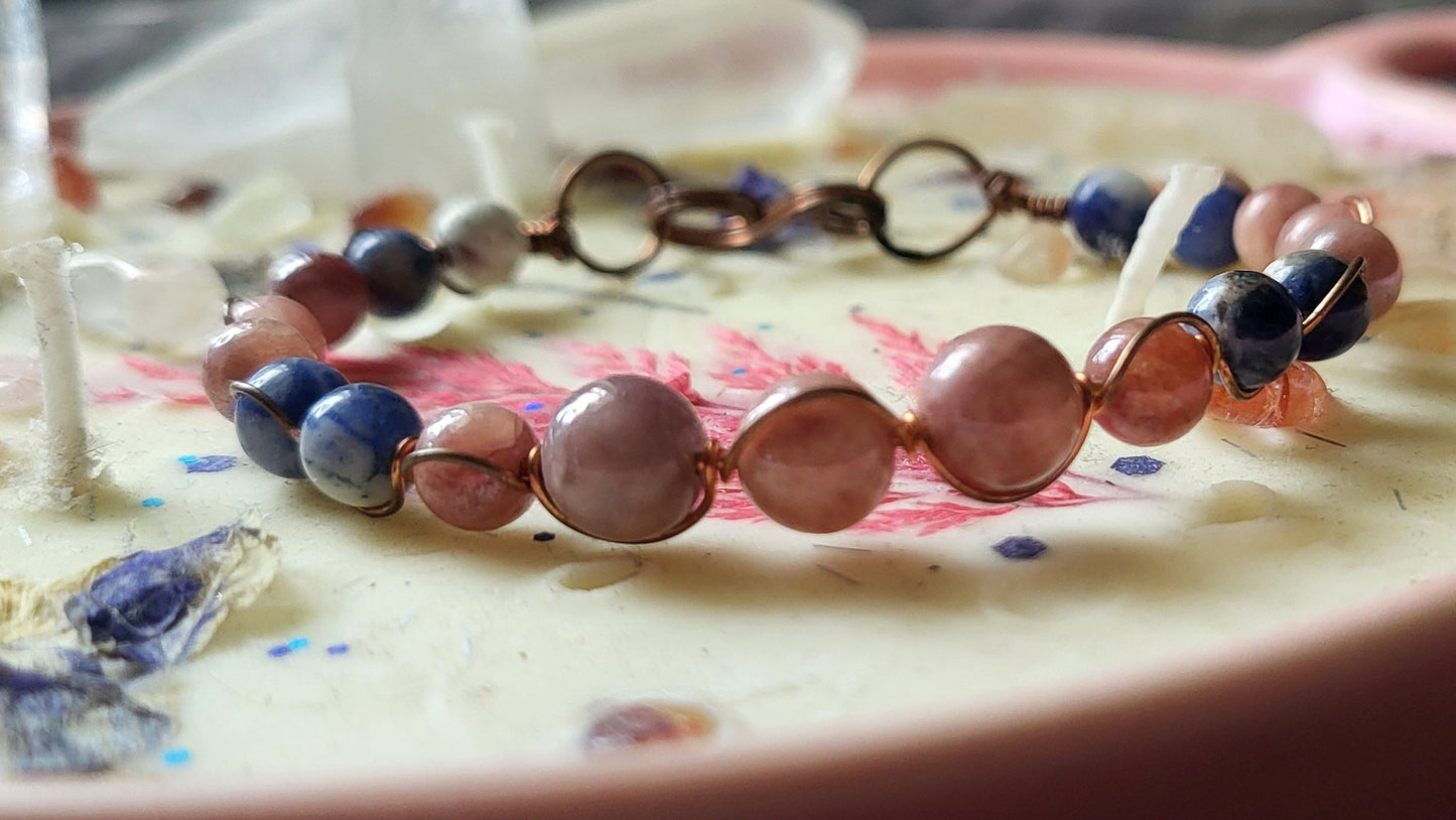 Copper Wire Wrap Stone Bead Bracelet Sz 6.5