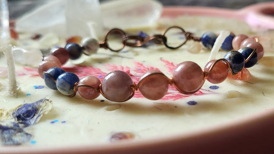 Copper Wire Wrap Stone Bead Bracelet Sz 6.5